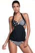 2pcs Black White Stripes&Stars Halter Tankini Swimsuit